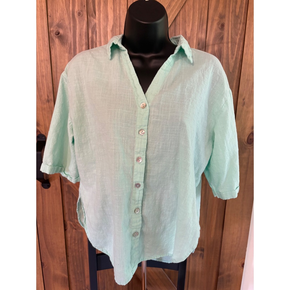 Mint Green Linen Blend Button Down Shirt Short Sleeve Oversized Blouse Womens M